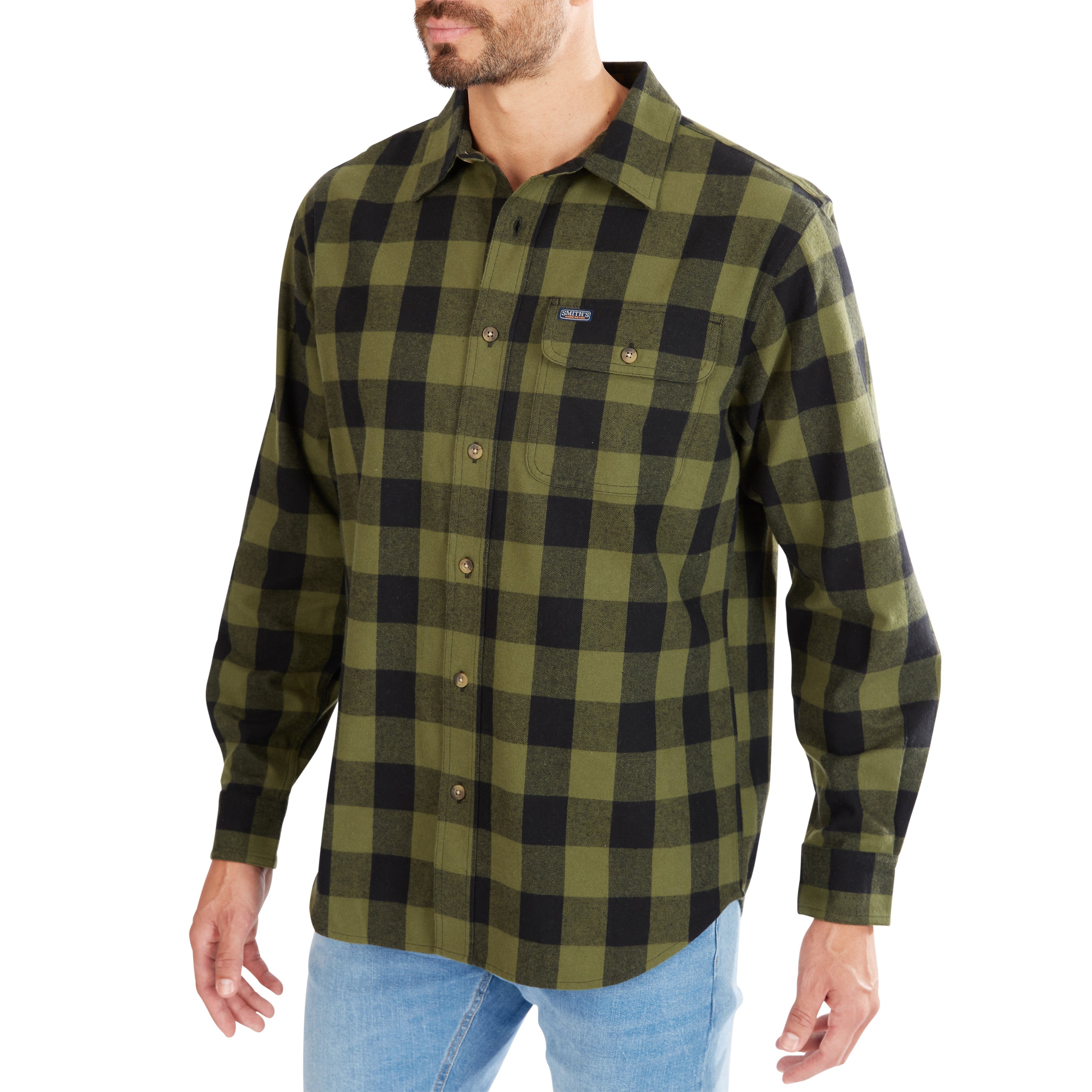  Smith's Workwear Pocket Flannel Button-Up Shirt - Olive/Black-503 - Bonton