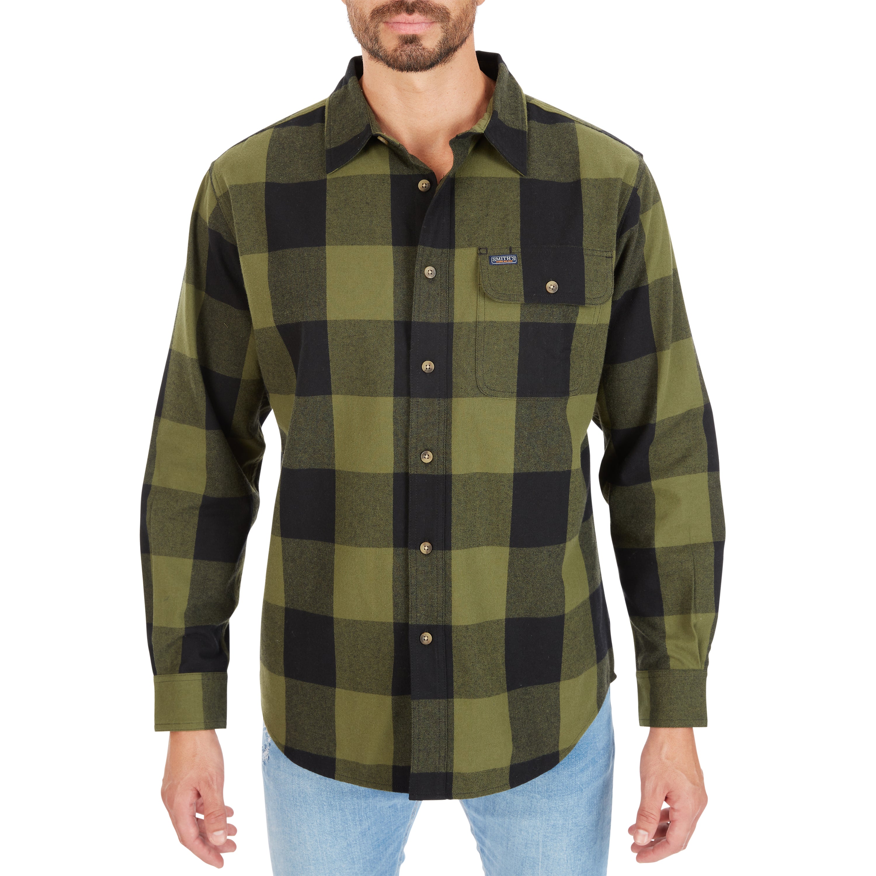  Smith's Workwear Pocket Flannel Button-Up Shirt - White/Black-503 - Bonton