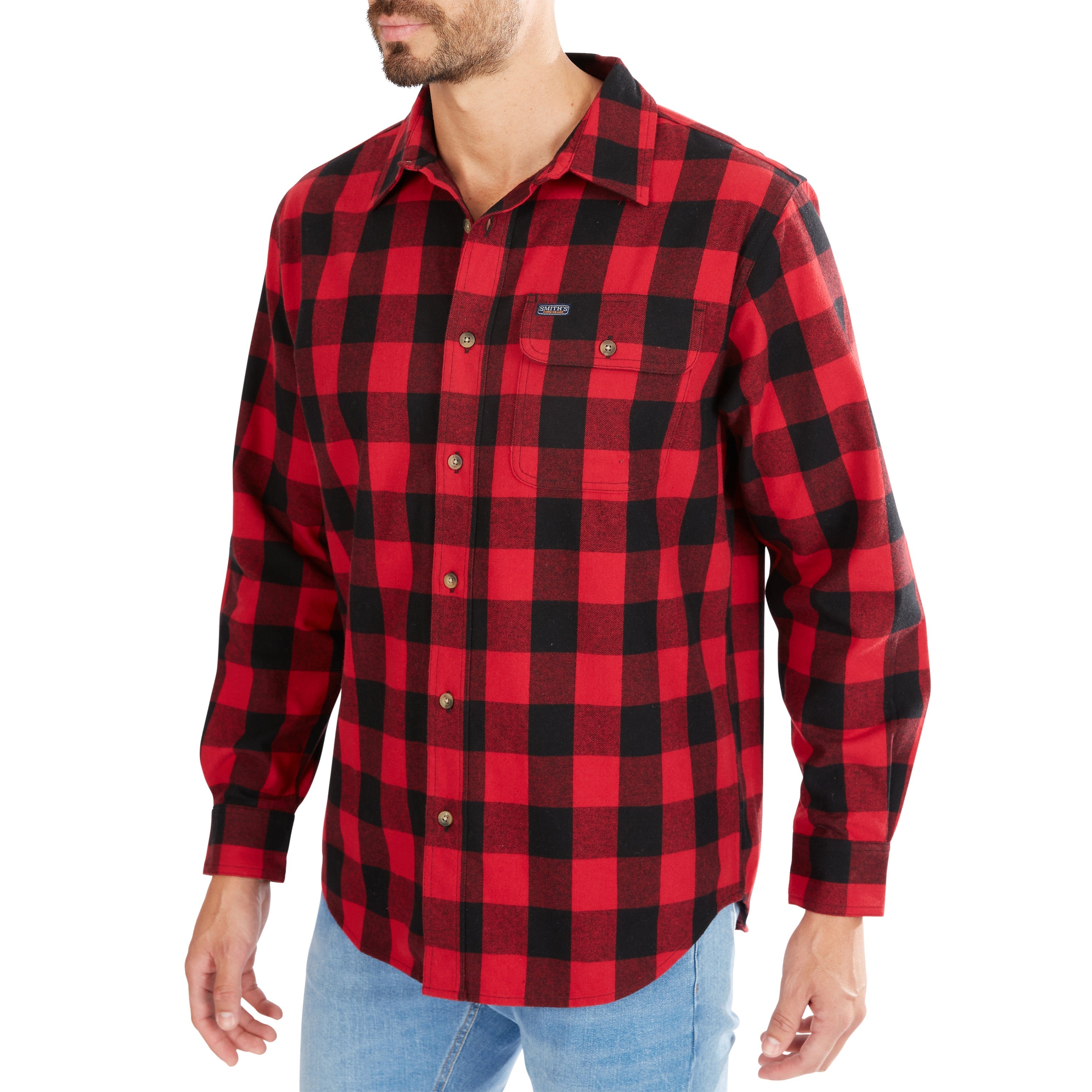  Smith's Workwear Pocket Flannel Button-Up Shirt - Red/Black-503 - Bonton