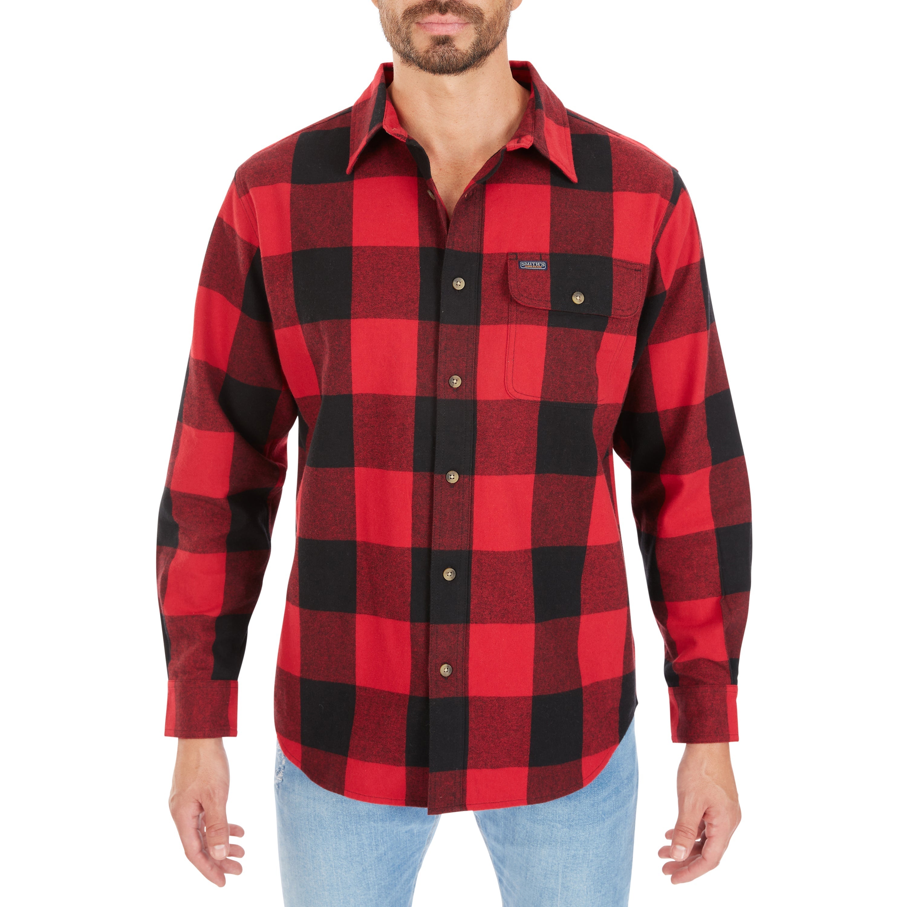  Smith's Workwear Pocket Flannel Button-Up Shirt - Red/Black-503 - Bonton