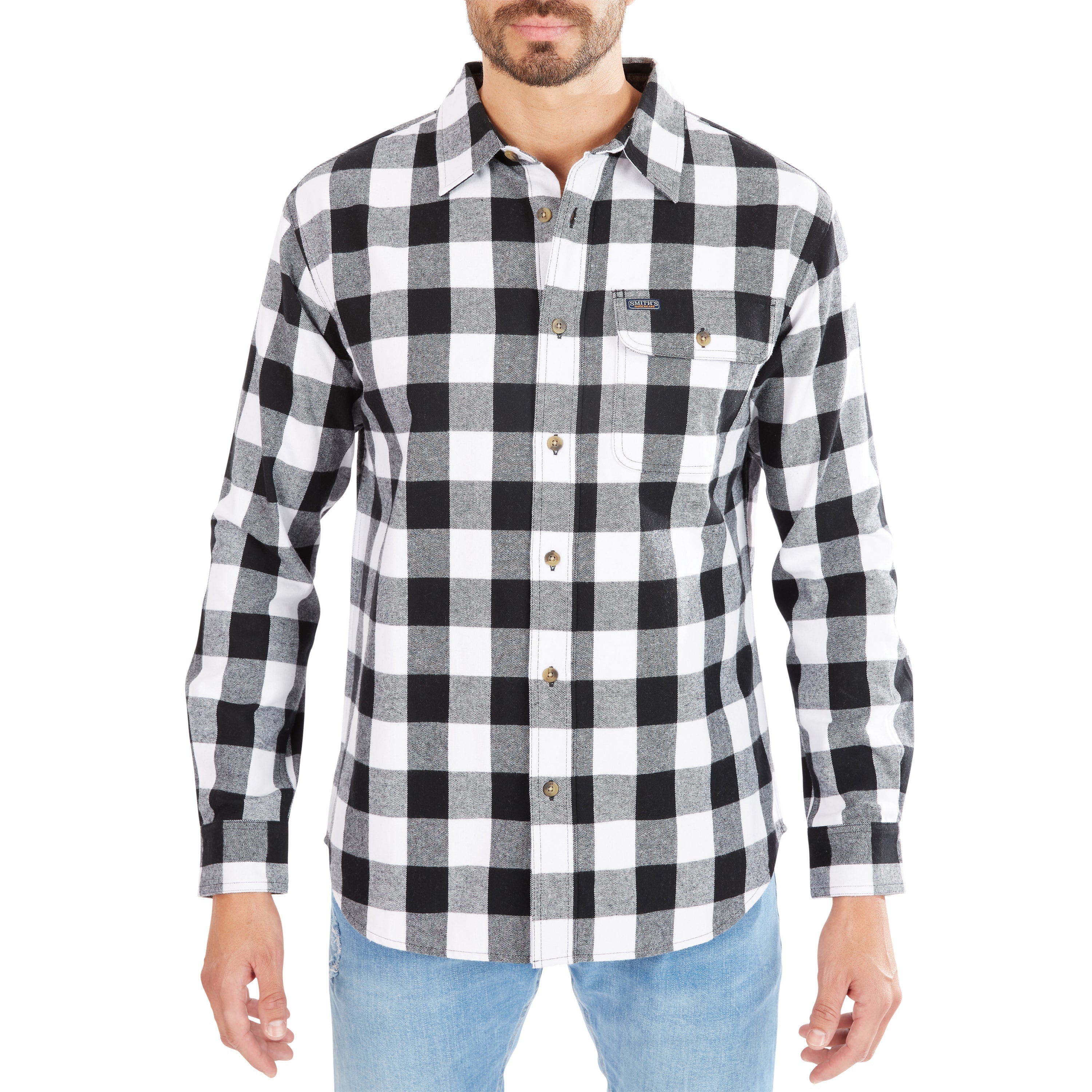  Smith's Workwear Pocket Flannel Button-Up Shirt - White/Black-203 - Bonton