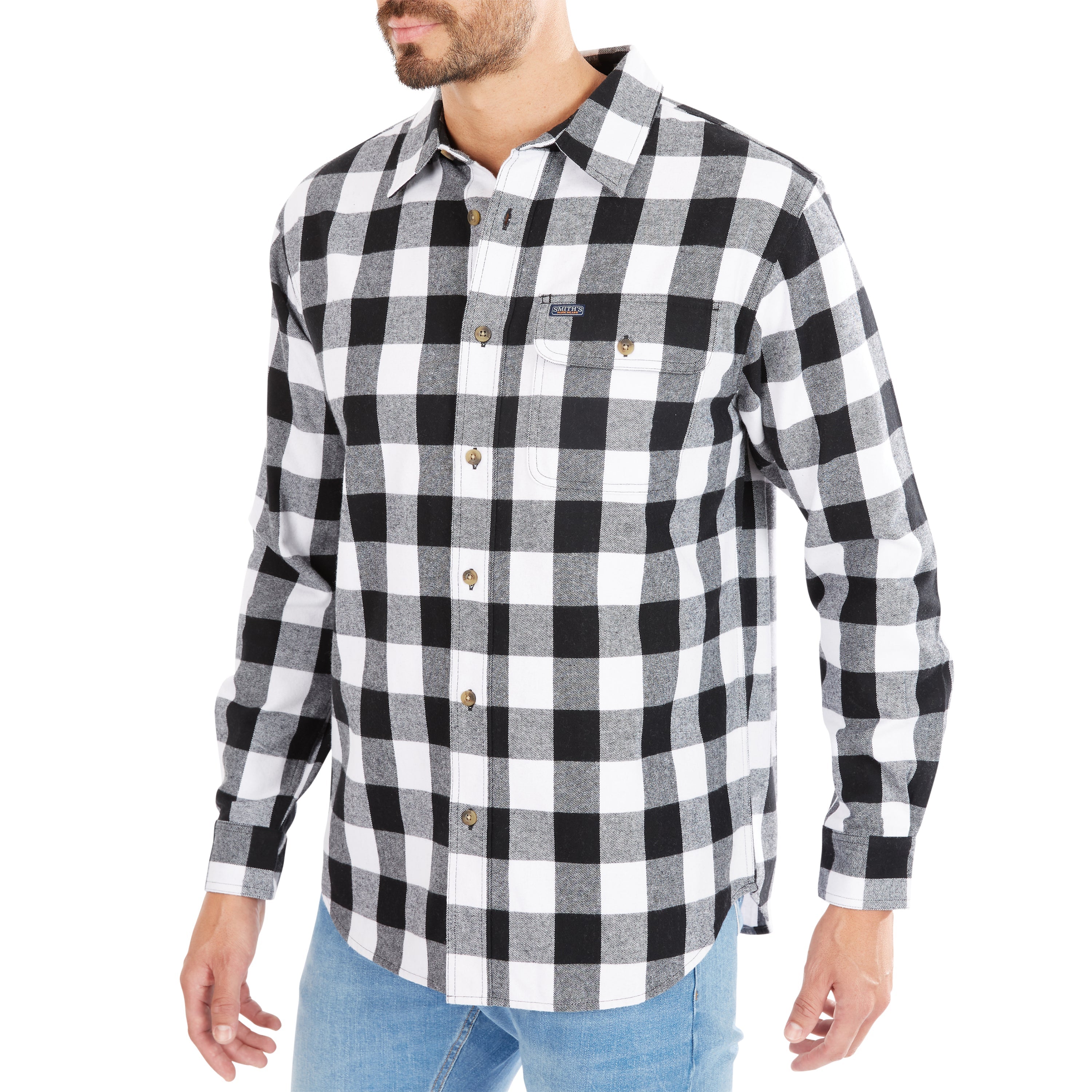  Smith's Workwear Pocket Flannel Button-Up Shirt - White/Black-203 - Bonton