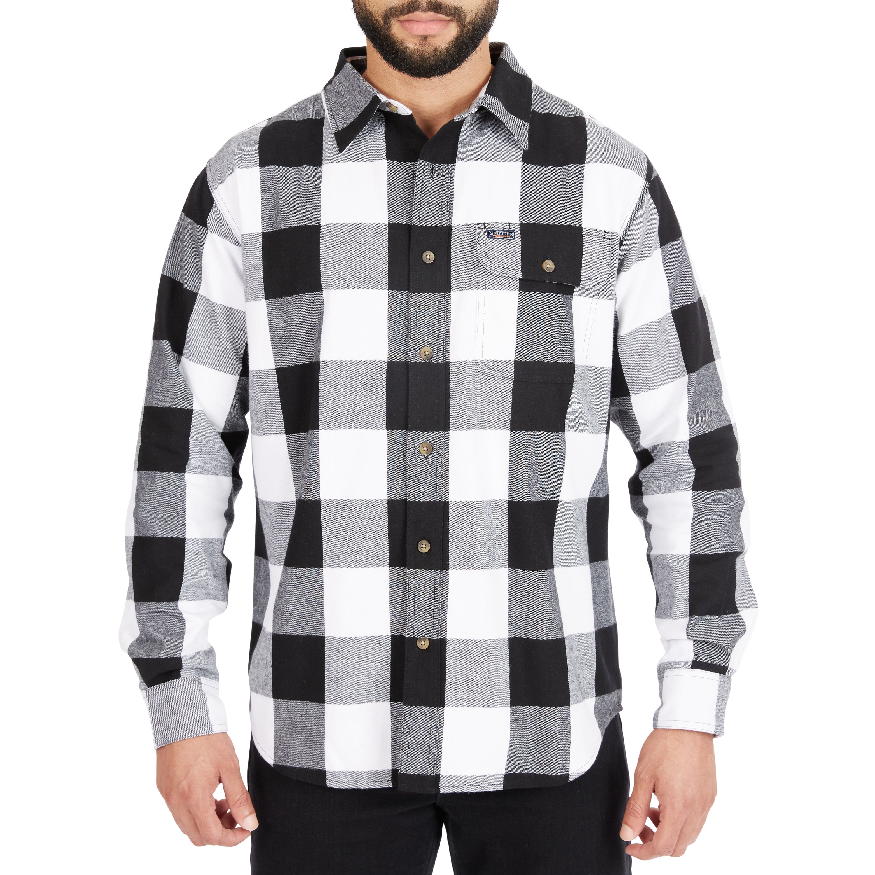  Smith's Workwear Pocket Flannel Button-Up Shirt - White/Black-203 - Bonton