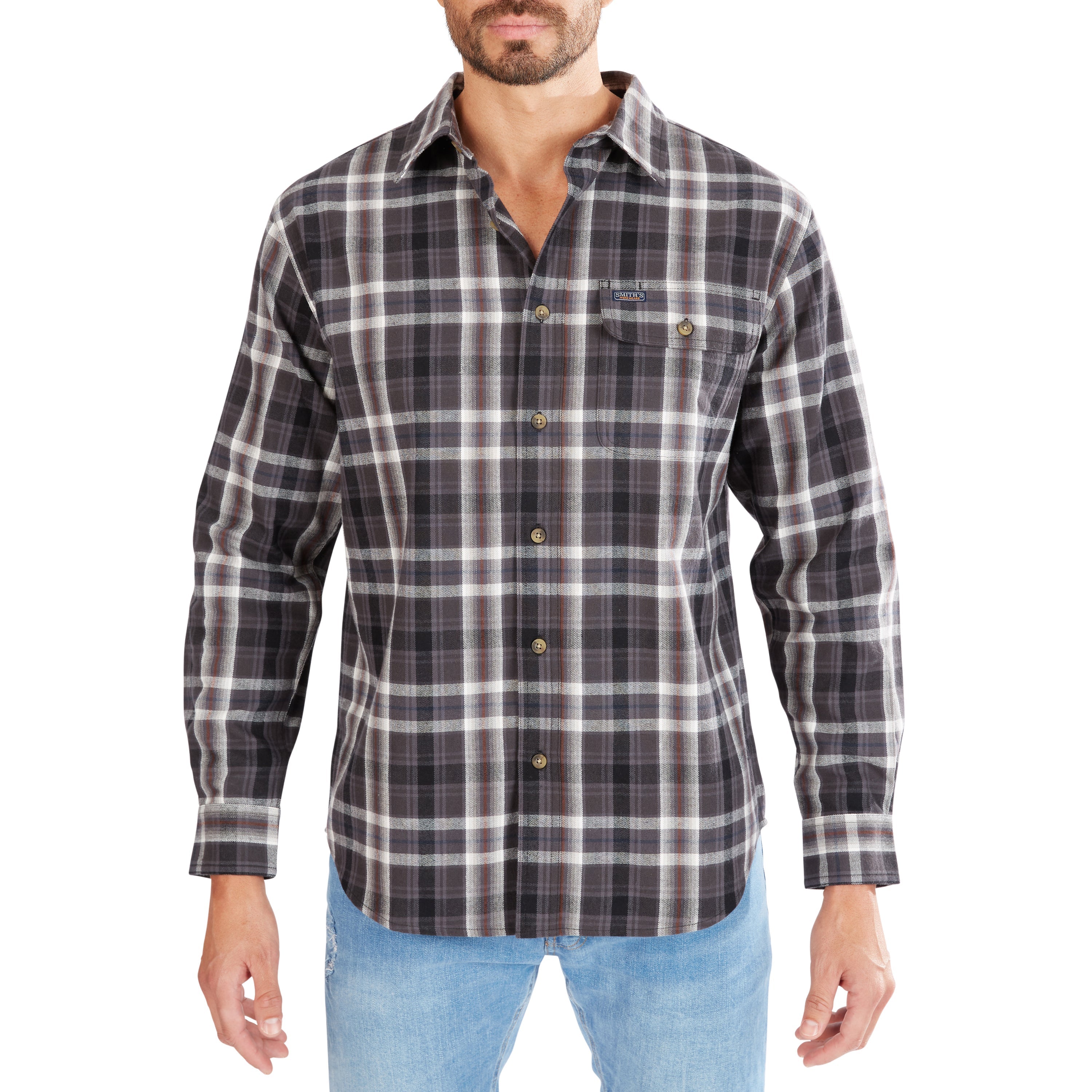  Smith's Workwear Plaid Pocket Flannel Button-Up Shirt - Charcoal-445 - Bonton