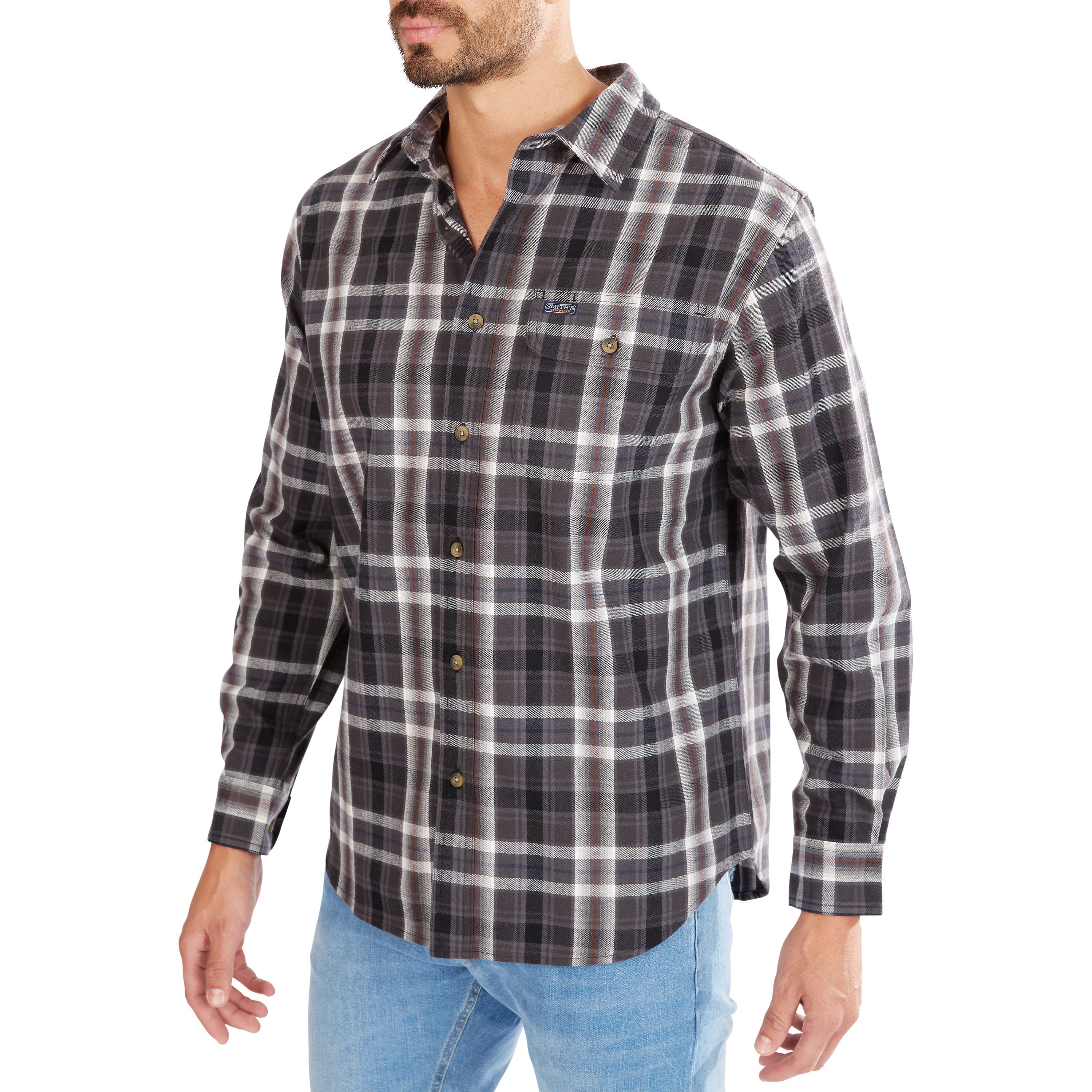  Smith's Workwear Plaid Pocket Flannel Button-Up Shirt - Charcoal-445 - Bonton