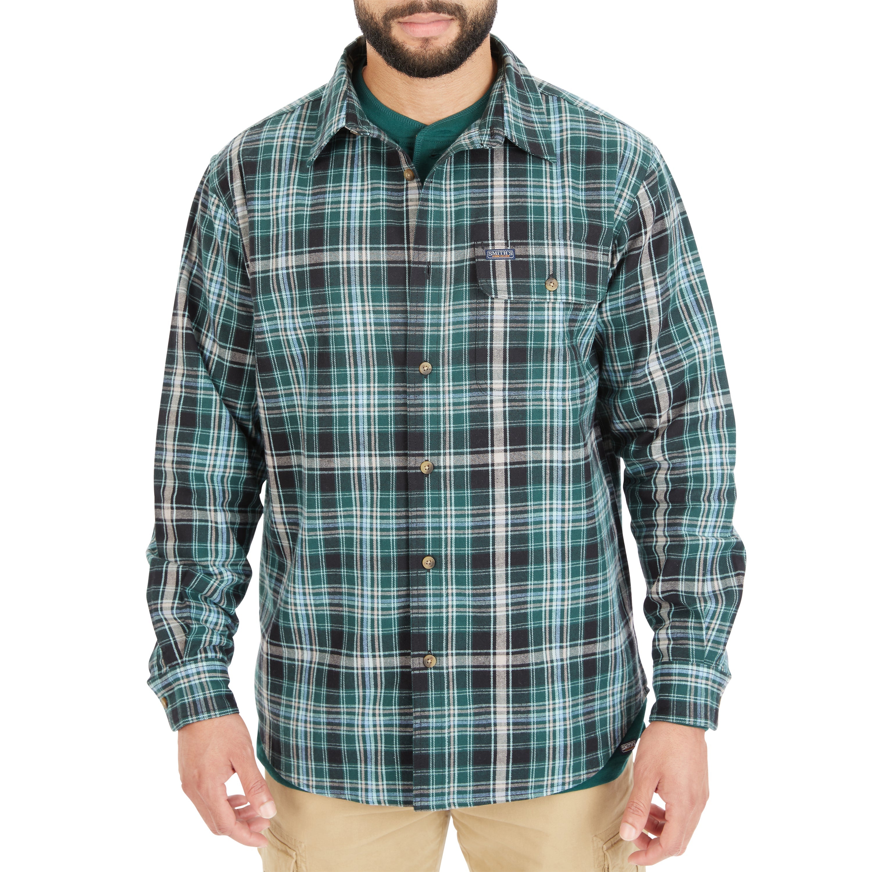  Smith's Workwear Plaid Pocket Flannel Button-Up Shirt - Teal-434 - Bonton