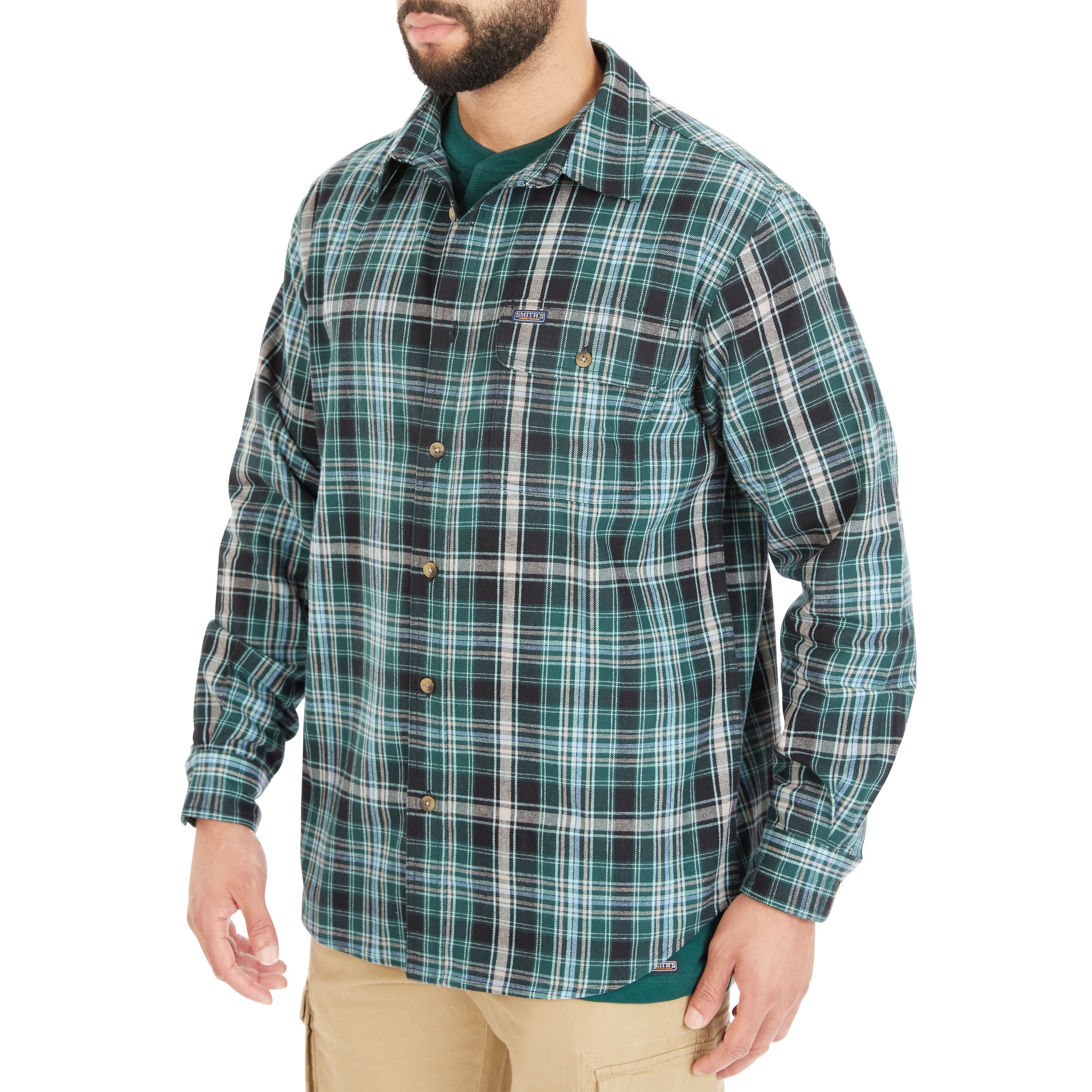  Smith's Workwear Plaid Pocket Flannel Button-Up Shirt - Teal-434 - Bonton