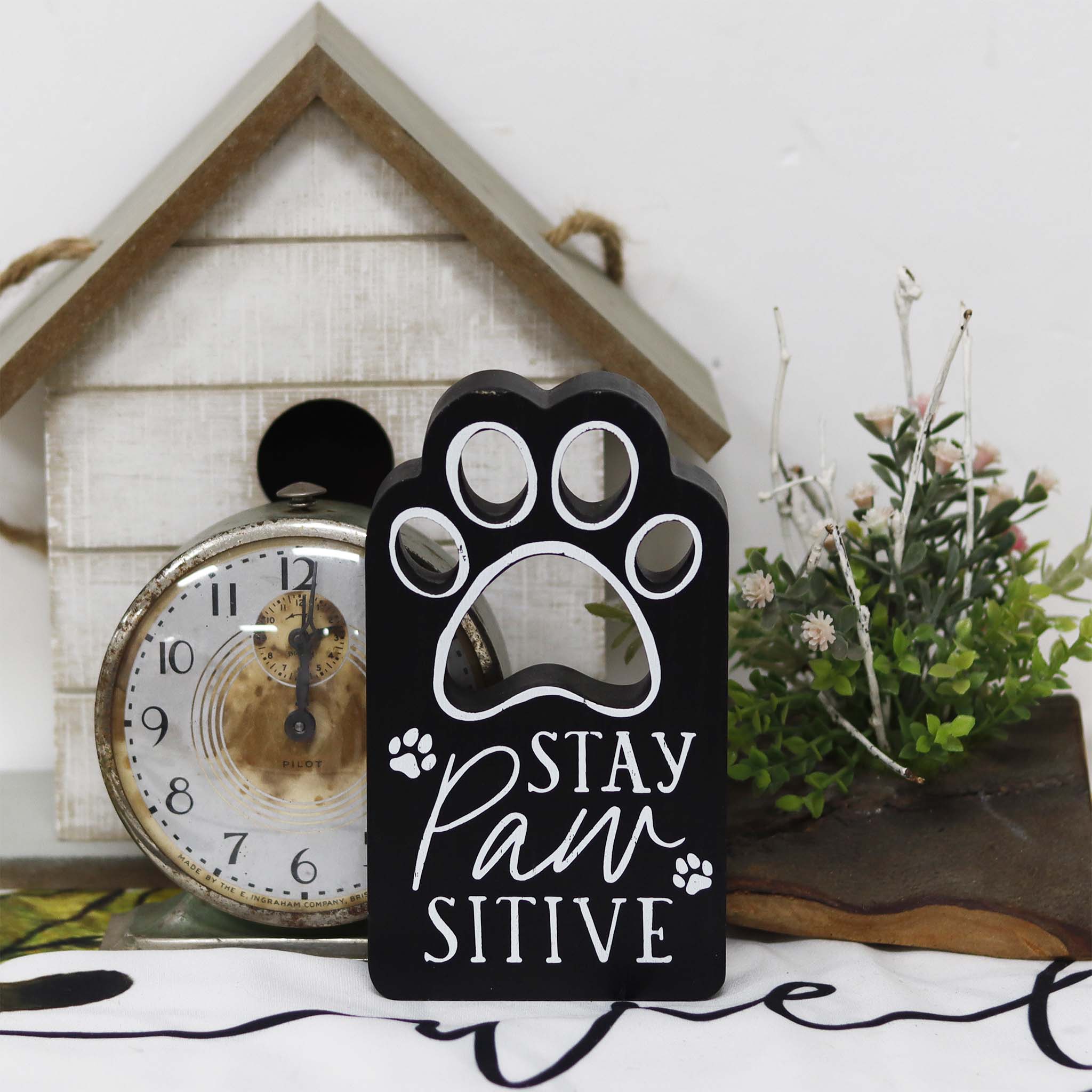  Paris Loft Stay Pawsitive Wood Pet Sign - Black - Bonton