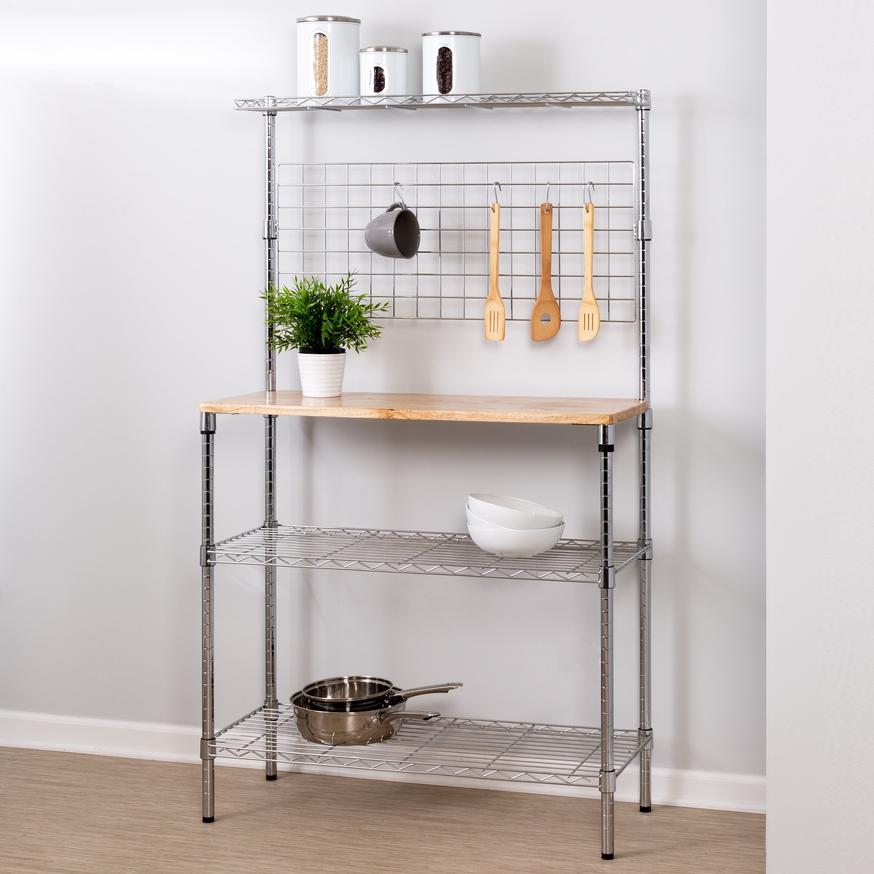  Honey-Can-Do Bakers Rack with Shelves and Hanging Storage - Chrome - Bonton