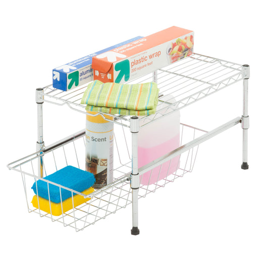 Cabinet Organizer with Adjustable Shelf and Pull-Out Basket