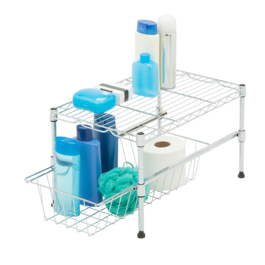 Cabinet Organizer with Adjustable Shelf and Pull-Out Basket