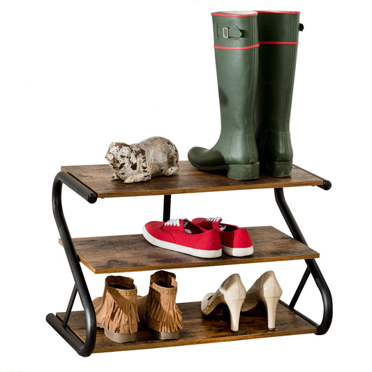 3-Shelf Z-Frame Wooden Shoe Rack with Matte Black Metal