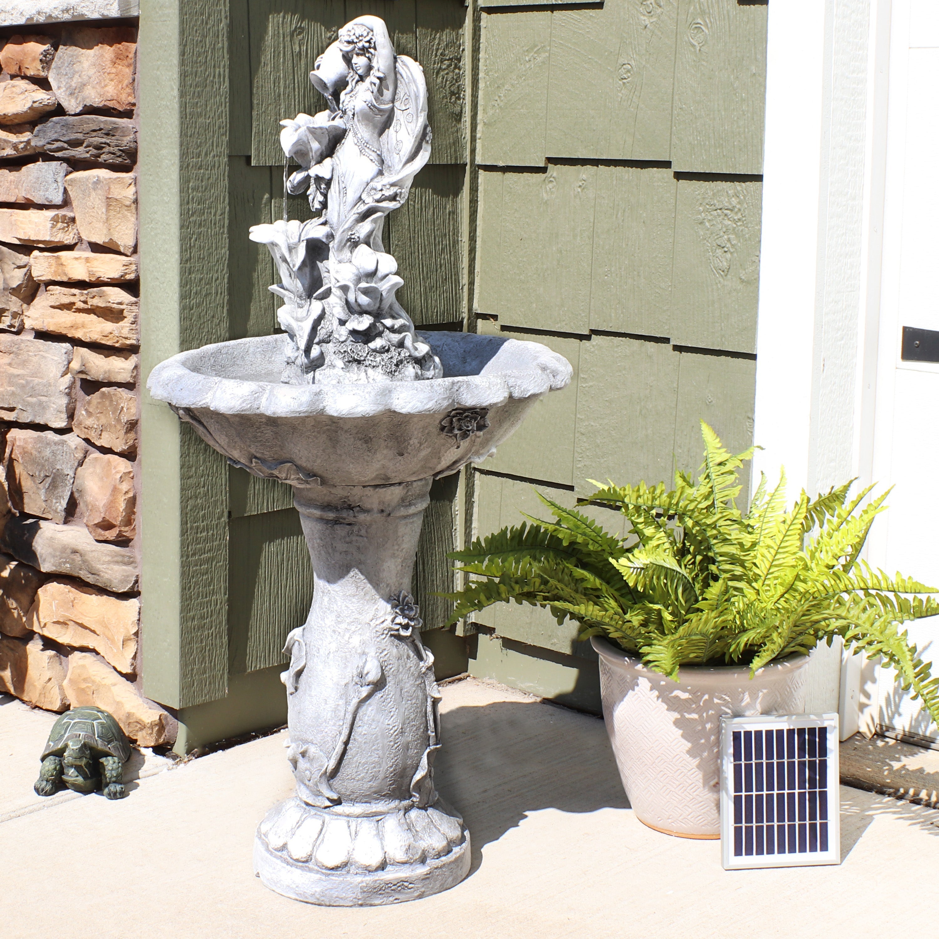  Sunnydaze Decor Polyresin Fairy Flower Solar Powered Water Fountain Feature with Battery Backup - 42