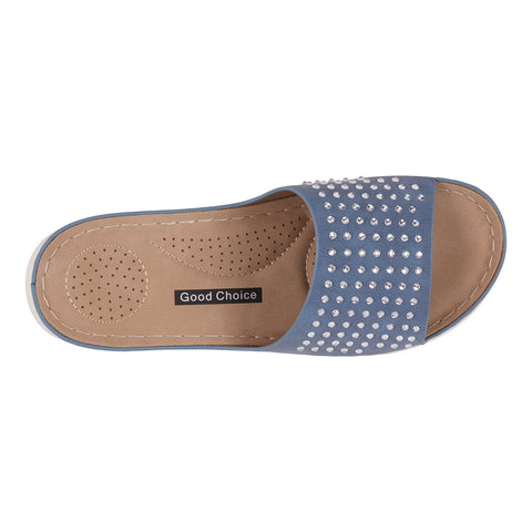 Women's Julie Blue Embellished Flat Comfort Sandals