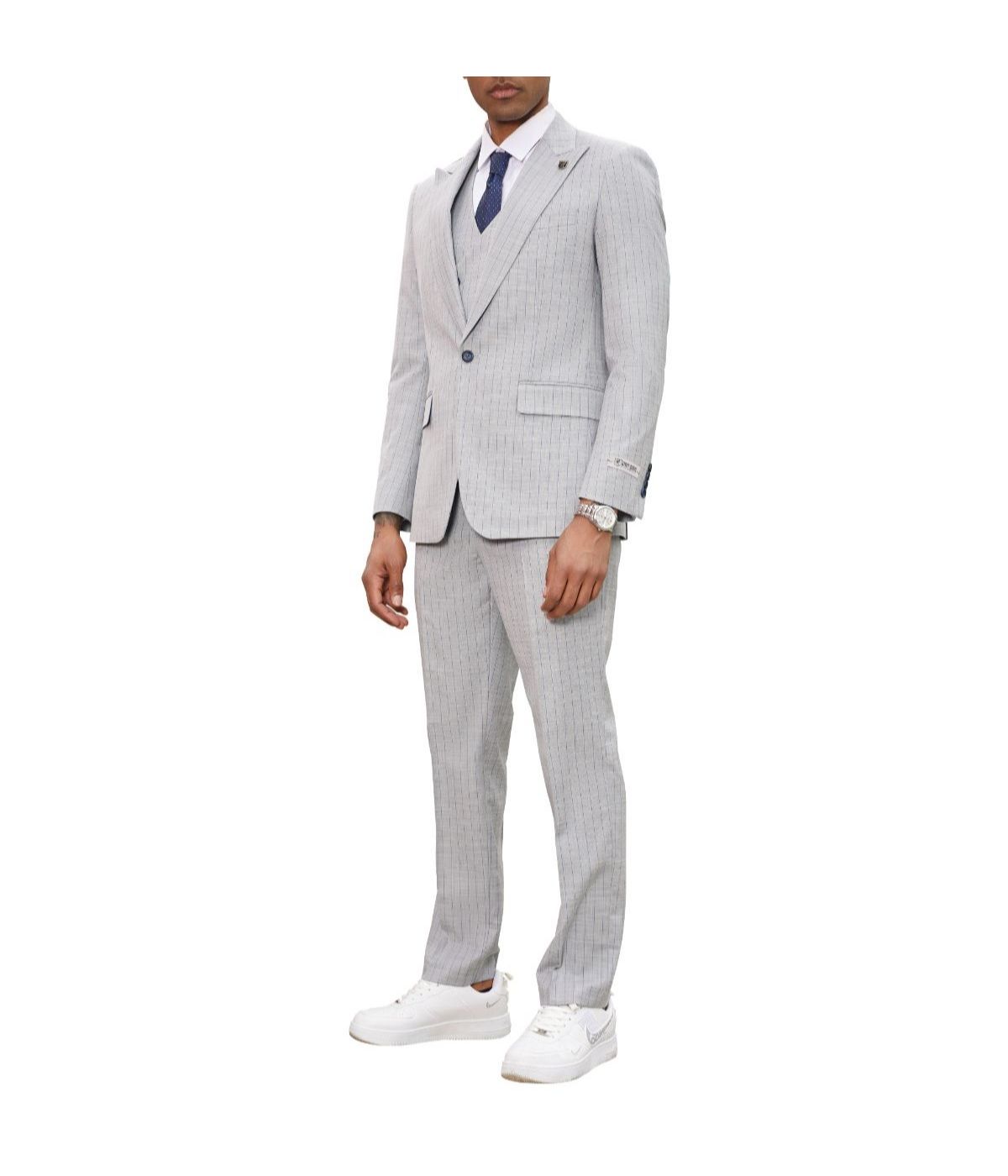  Mens Three Piece Windowpane Peak Lapel Suit With Matching Double Breasted Vest Light Grey - Light Grey - Bonton