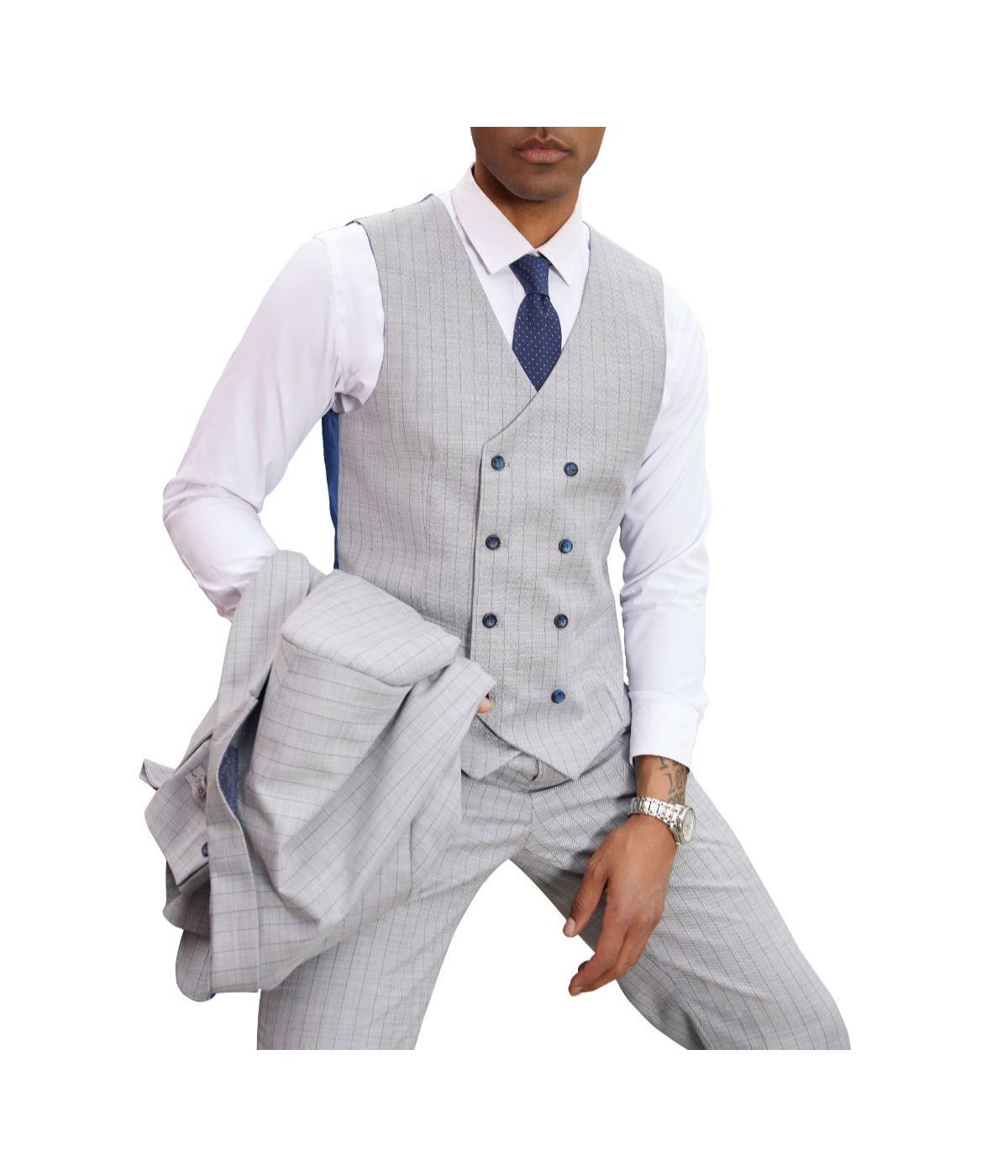  Mens Three Piece Windowpane Peak Lapel Suit With Matching Double Breasted Vest Light Grey - Light Grey - Bonton