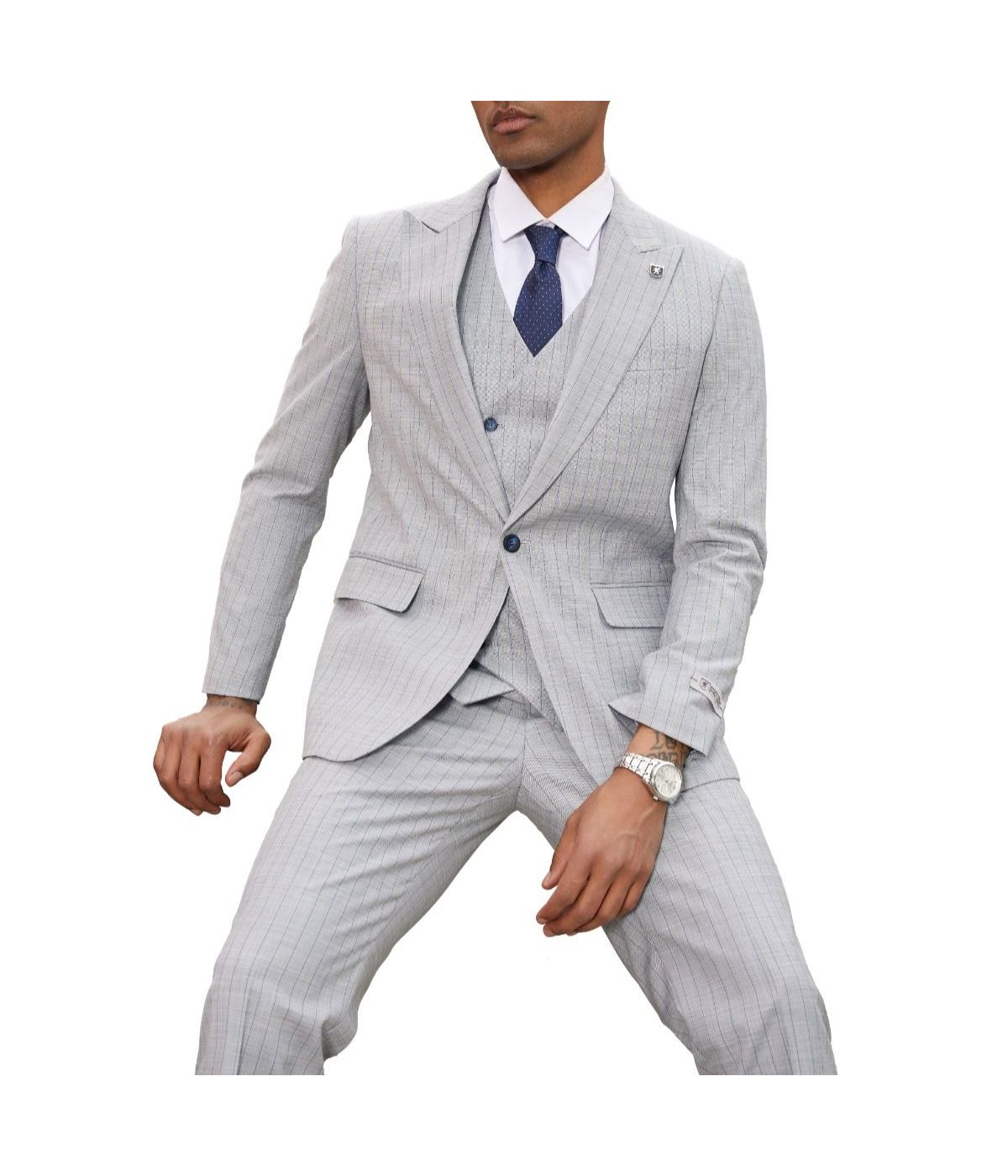  Mens Three Piece Windowpane Peak Lapel Suit With Matching Double Breasted Vest Light Grey - Light Grey - Bonton