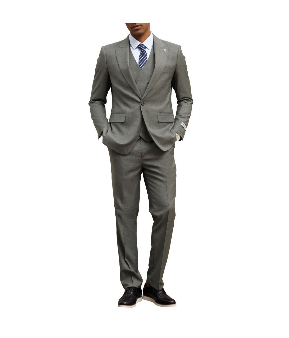  Mens Three Piece Windowpane Peak Lapel Suit With Matching Double Breasted Vest Grey - Grey - Bonton