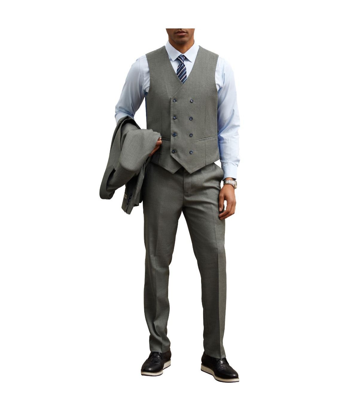  Mens Three Piece Windowpane Peak Lapel Suit With Matching Double Breasted Vest Grey - Grey - Bonton