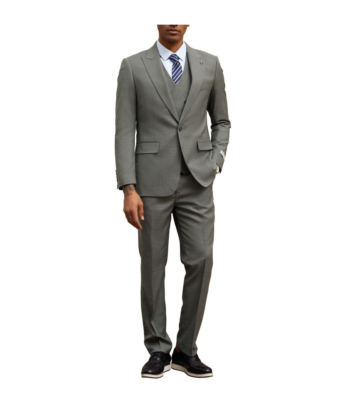  Mens Three Piece Windowpane Peak Lapel Suit With Matching Double Breasted Vest Grey - Grey - Bonton