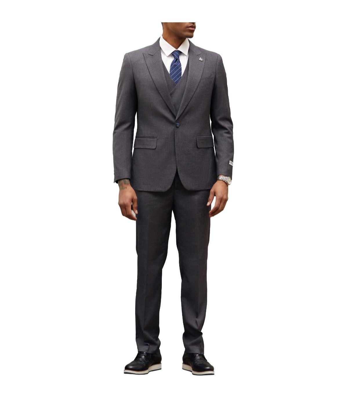  Mens Three Piece Windowpane Peak Lapel Suit With Matching Double Breasted Vest Charcoal Grey - Charcoal Grey - Bonton