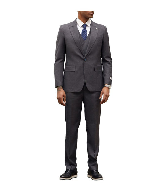 Mens Three Piece Windowpane Peak Lapel Suit With Matching Double Breasted Vest Charcoal Grey
