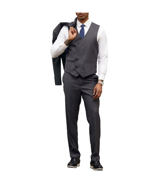 Mens Three Piece Windowpane Peak Lapel Suit With Matching Double Breasted Vest Charcoal Grey