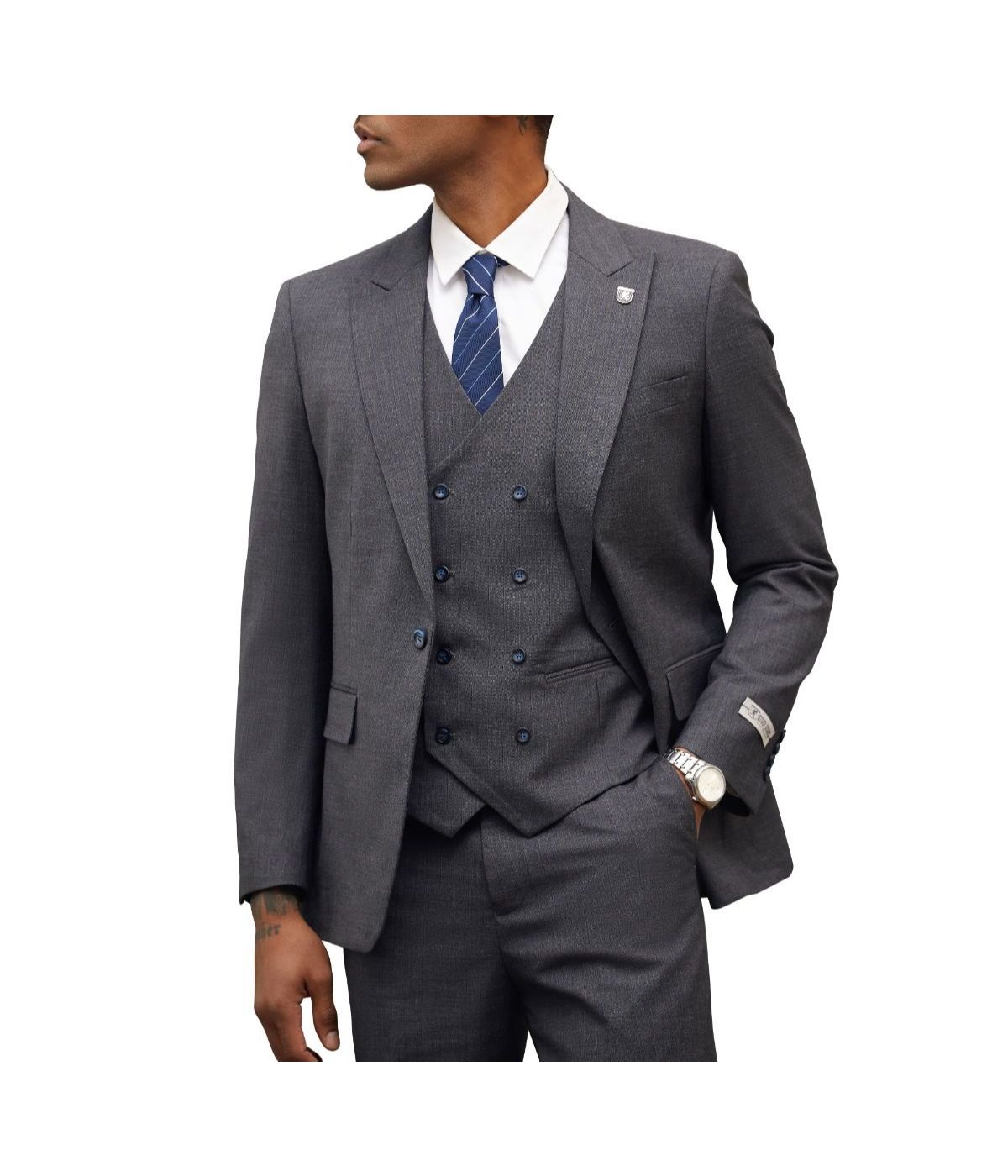  Mens Three Piece Windowpane Peak Lapel Suit With Matching Double Breasted Vest Charcoal Grey - Charcoal Grey - Bonton