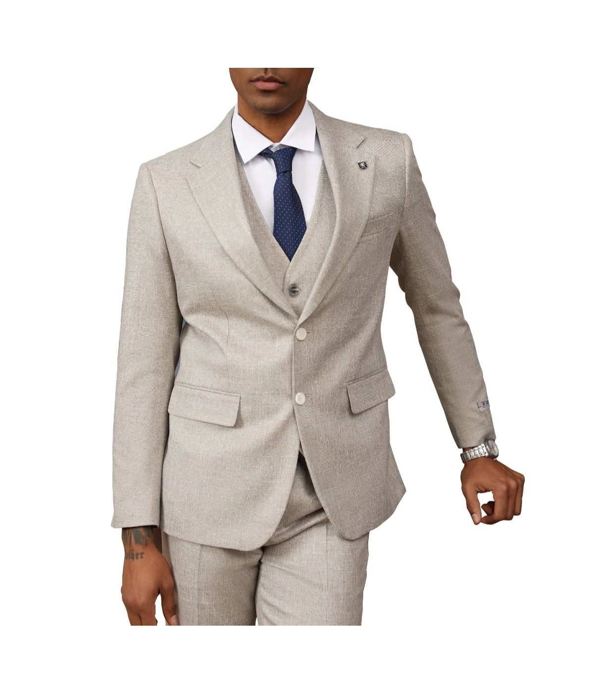  Mens Three Piece Solid Texture Notch Lapel Suit With Matching Vest Tan - Tan - Bonton