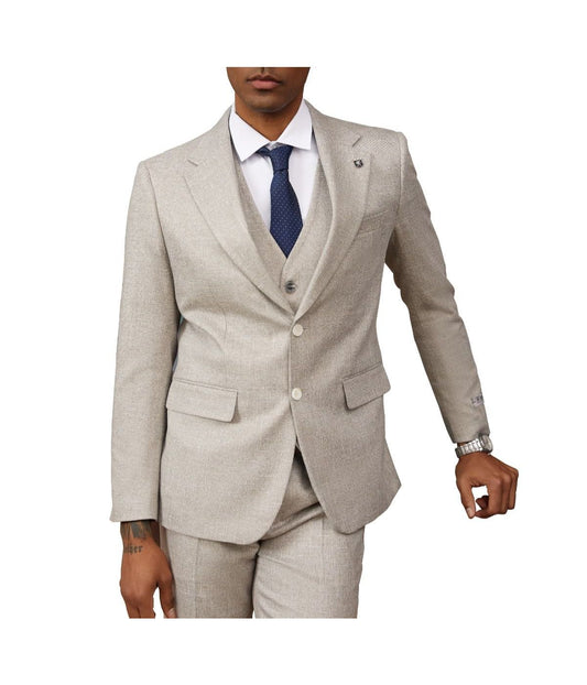 Mens Three Piece Solid Texture Notch Lapel Suit With Matching Vest Tan