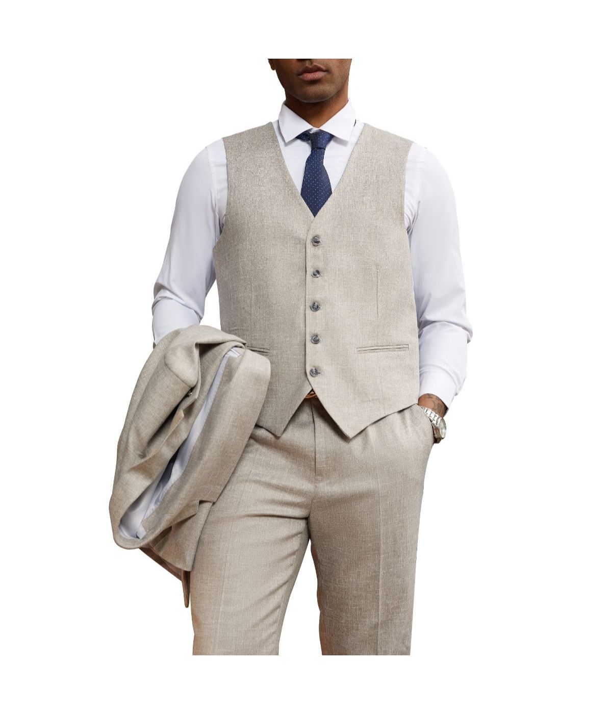  Mens Three Piece Solid Texture Notch Lapel Suit With Matching Vest Tan - Tan - Bonton