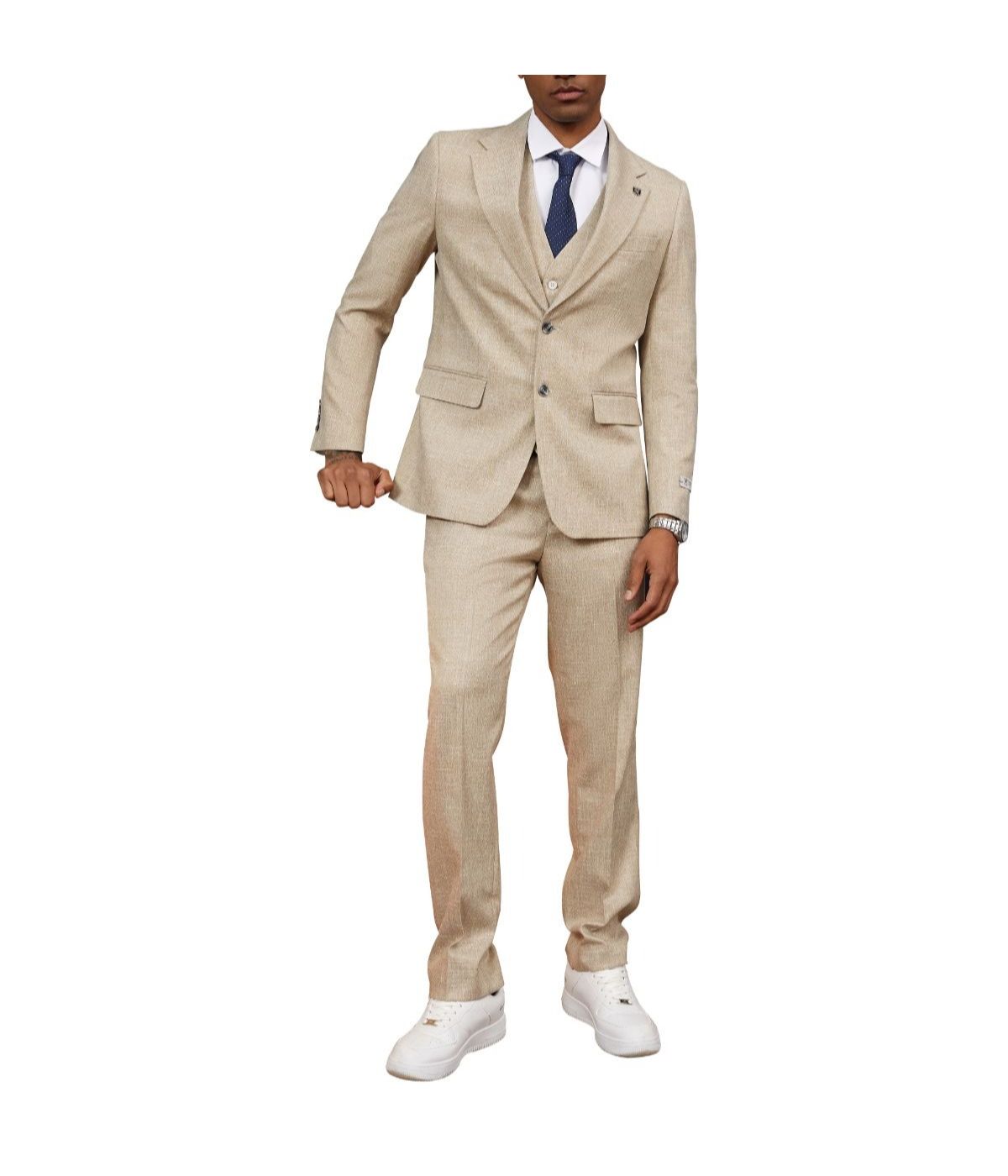  Mens Three Piece Solid Texture Notch Lapel Suit With Matching Vest Beige - Beige - Bonton