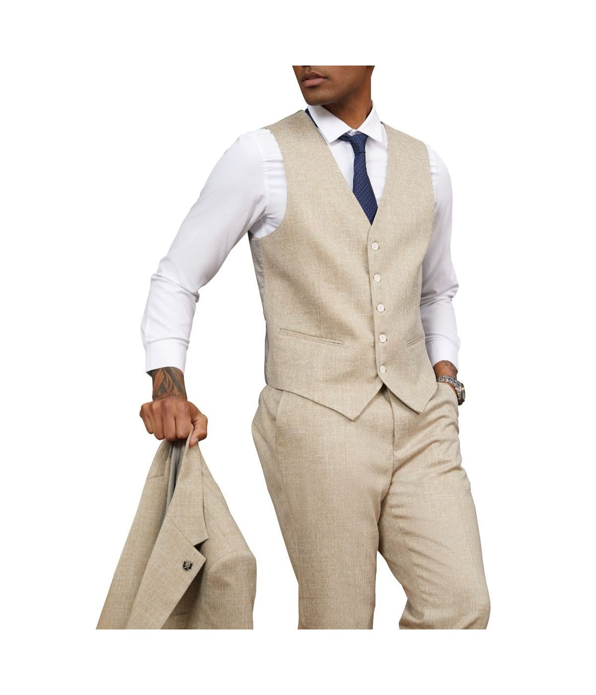  Mens Three Piece Solid Texture Notch Lapel Suit With Matching Vest Beige - Beige - Bonton