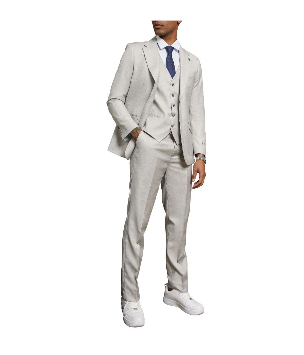  Mens Three Piece Solid Texture Notch Lapel Suit With Matching Vest 1 Light Grey - Light Grey - Bonton