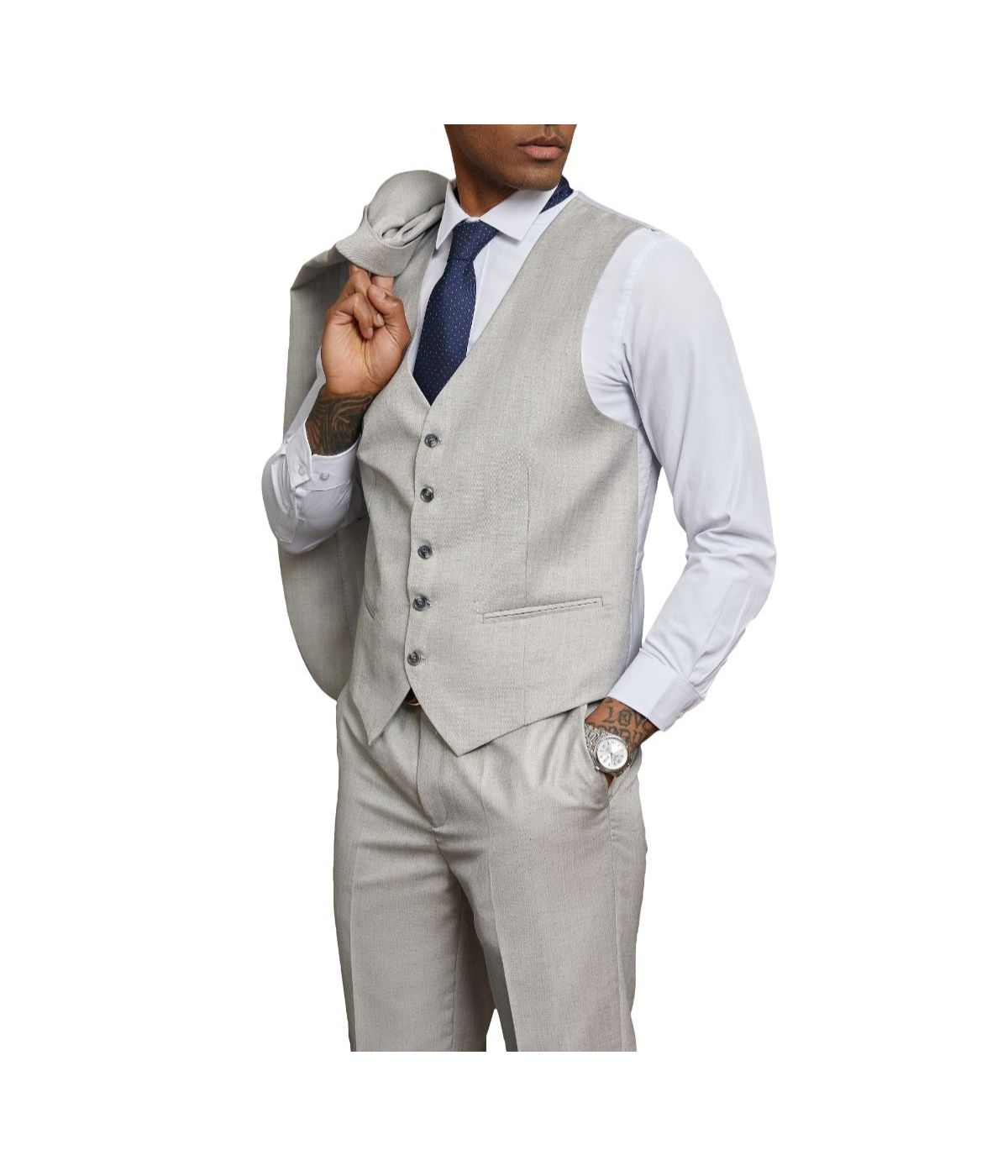  Mens Three Piece Solid Texture Notch Lapel Suit With Matching Vest 1 Light Grey - Light Grey - Bonton