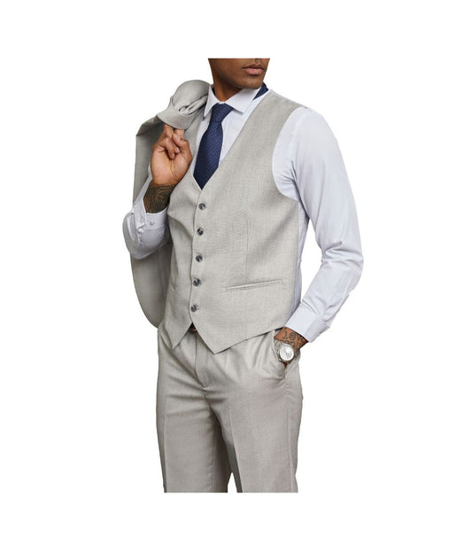 Mens Three Piece Solid Texture Notch Lapel Suit With Matching Vest 1 Light Grey