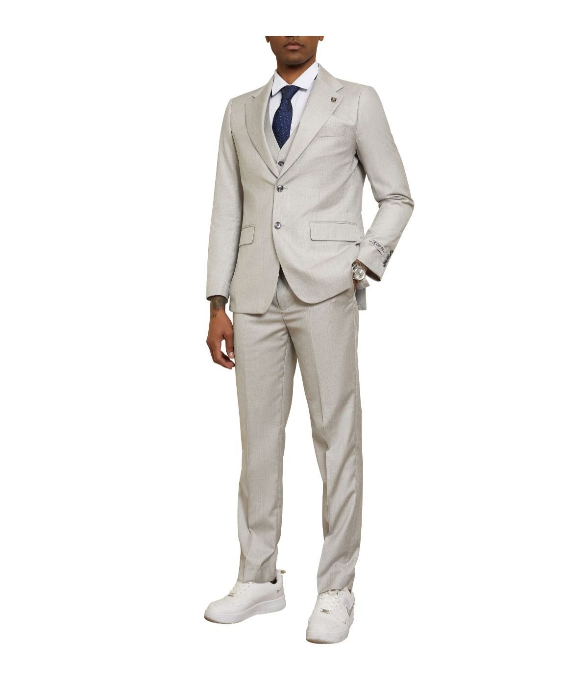  Mens Three Piece Solid Texture Notch Lapel Suit With Matching Vest 1 Light Grey - Light Grey - Bonton