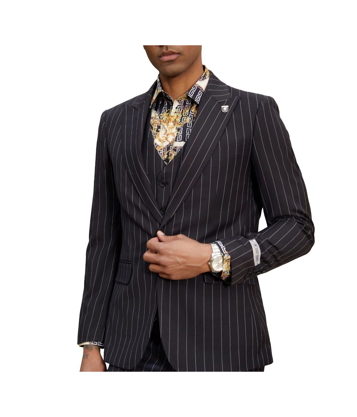  Mens Three Piece Pinstripe Peak Lapel Suit With Matching Vest Black - Black - Bonton