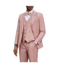 Mens Three Piece Pinstripe Peak Lapel Suit With Matching Vest Pink