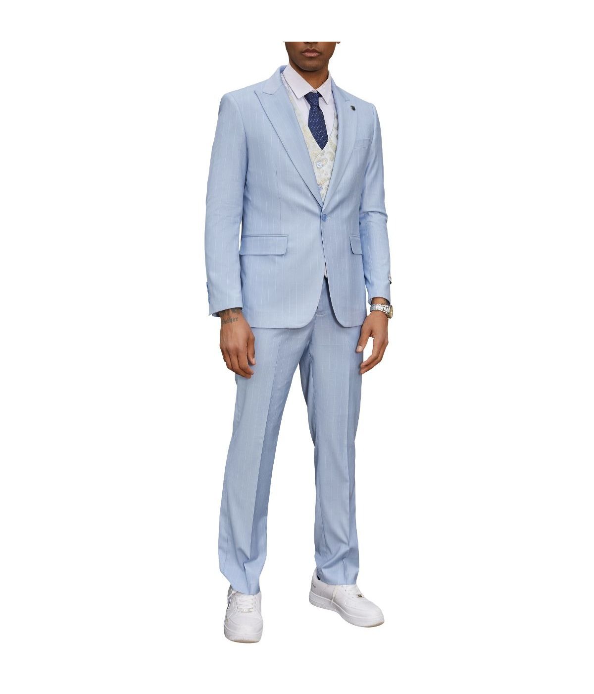  Mens Three Piece Pinstripe Peak Lapel Suit With Matching Vest Sky Blue - Sky Blue - Bonton