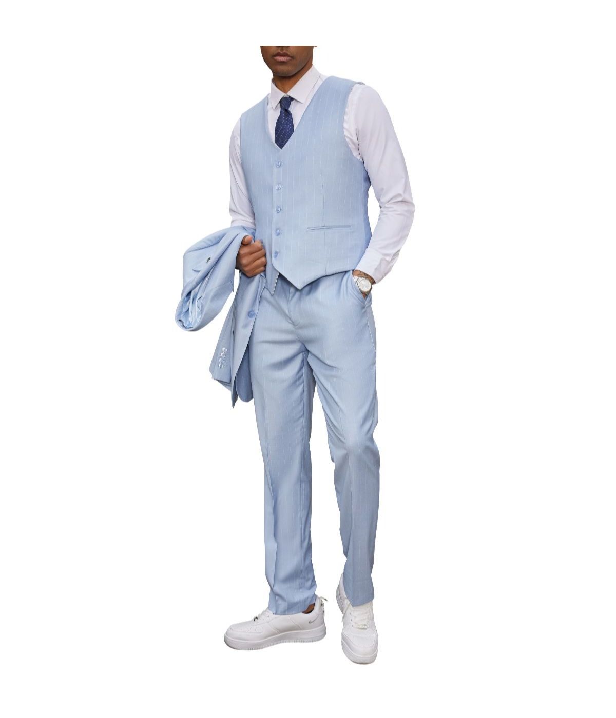  Mens Three Piece Pinstripe Peak Lapel Suit With Matching Vest Sky Blue - Sky Blue - Bonton