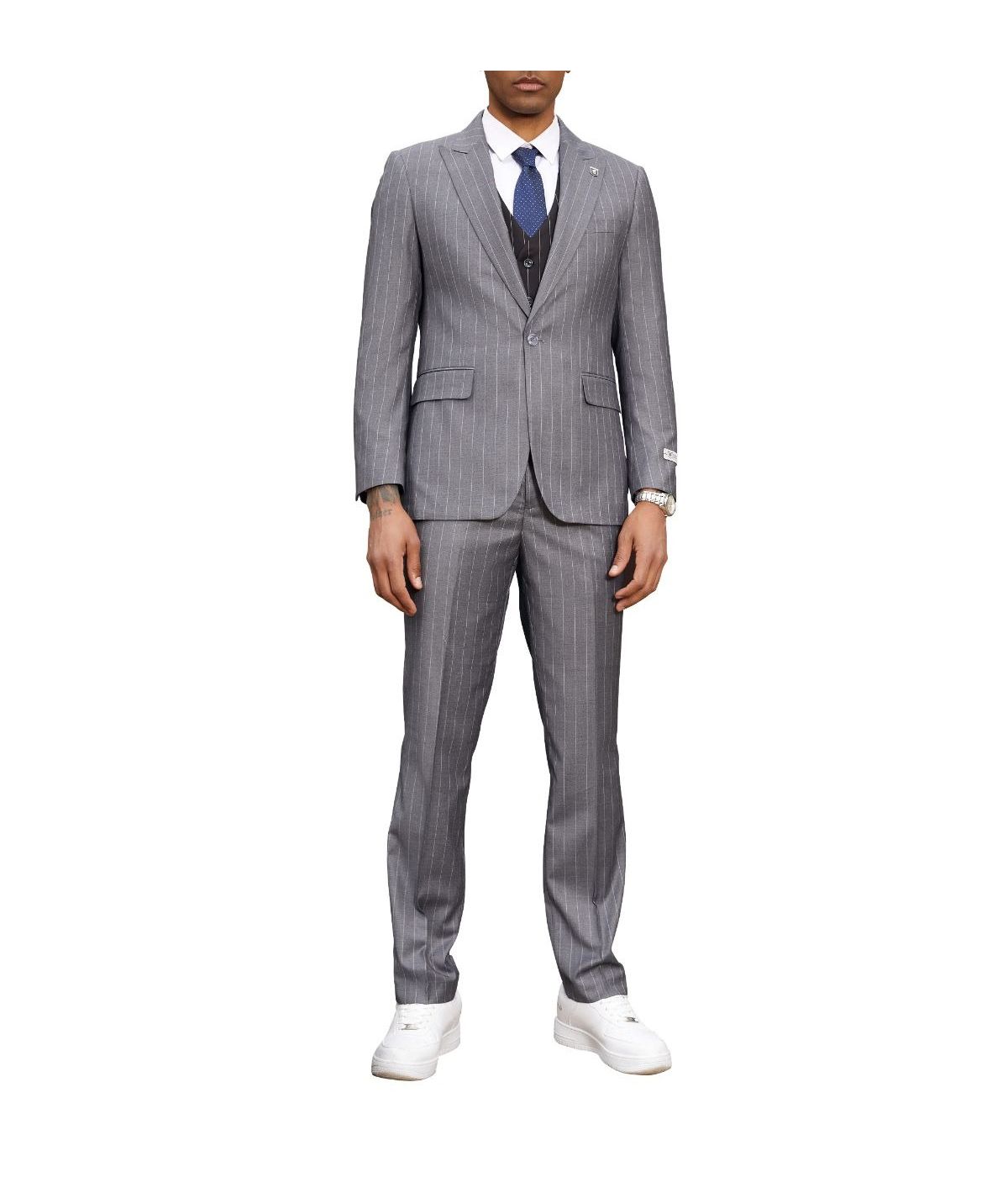  Mens Three Piece Pinstripe Peak Lapel Suit With Matching Vest Grey - Grey - Bonton