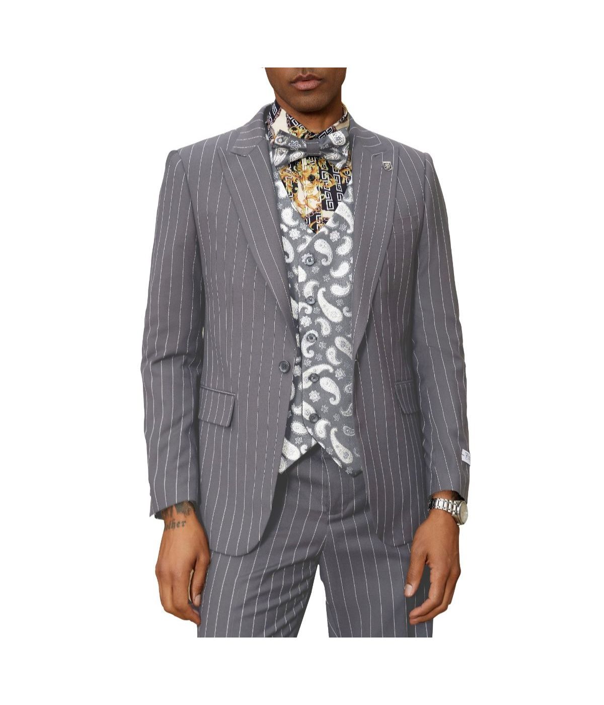  Mens Three Piece Pinstripe Peak Lapel Suit With Matching Vest Grey - Grey - Bonton