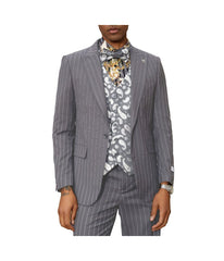 Mens Three Piece Pinstripe Peak Lapel Suit With Matching Vest Grey