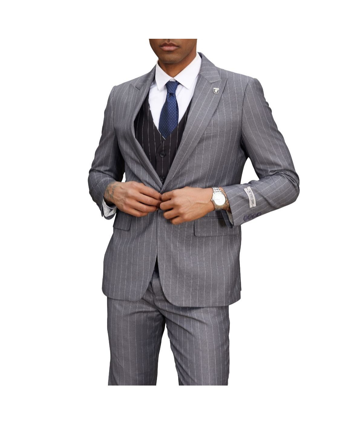  Mens Three Piece Pinstripe Peak Lapel Suit With Matching Vest Grey - Grey - Bonton