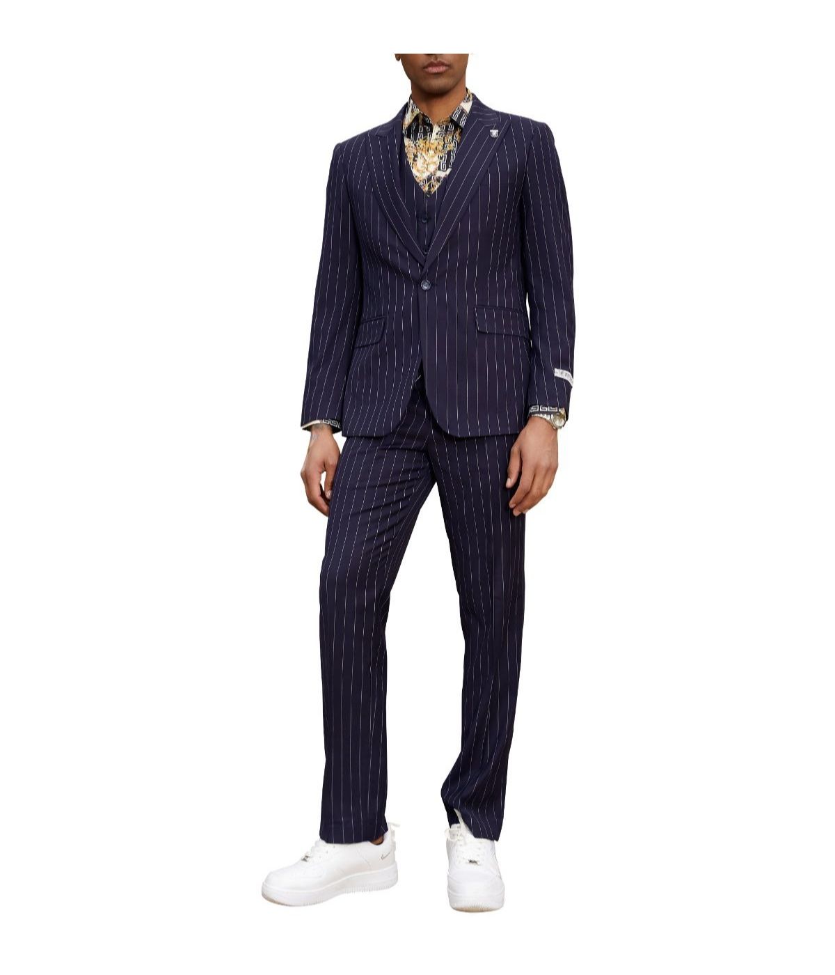  Mens Three Piece Pinstripe Peak Lapel Suit With Matching Vest Navy - Navy - Bonton