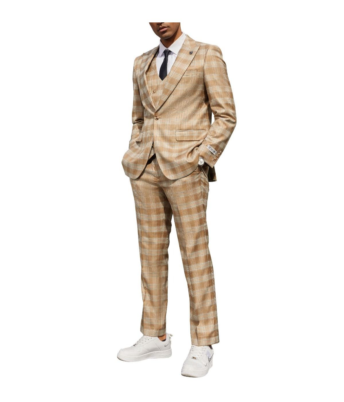  Mens Three Piece Glen Plaid Peak Lapel Suit With Matching Double Breasted Vest Tan - Tan - Bonton