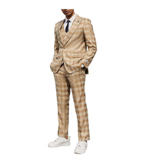 Mens Three Piece Glen Plaid Peak Lapel Suit With Matching Double Breasted Vest Tan