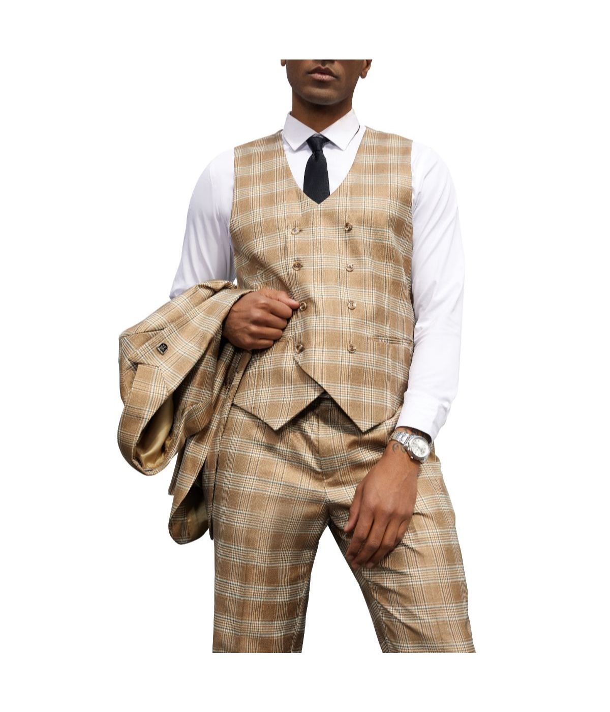  Mens Three Piece Glen Plaid Peak Lapel Suit With Matching Double Breasted Vest Tan - Tan - Bonton