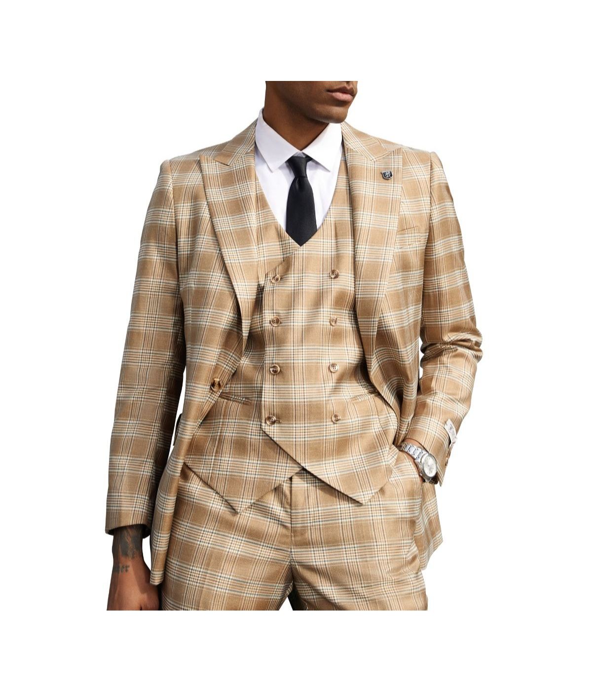 Mens Three Piece Glen Plaid Peak Lapel Suit With Matching Double Breasted Vest Tan